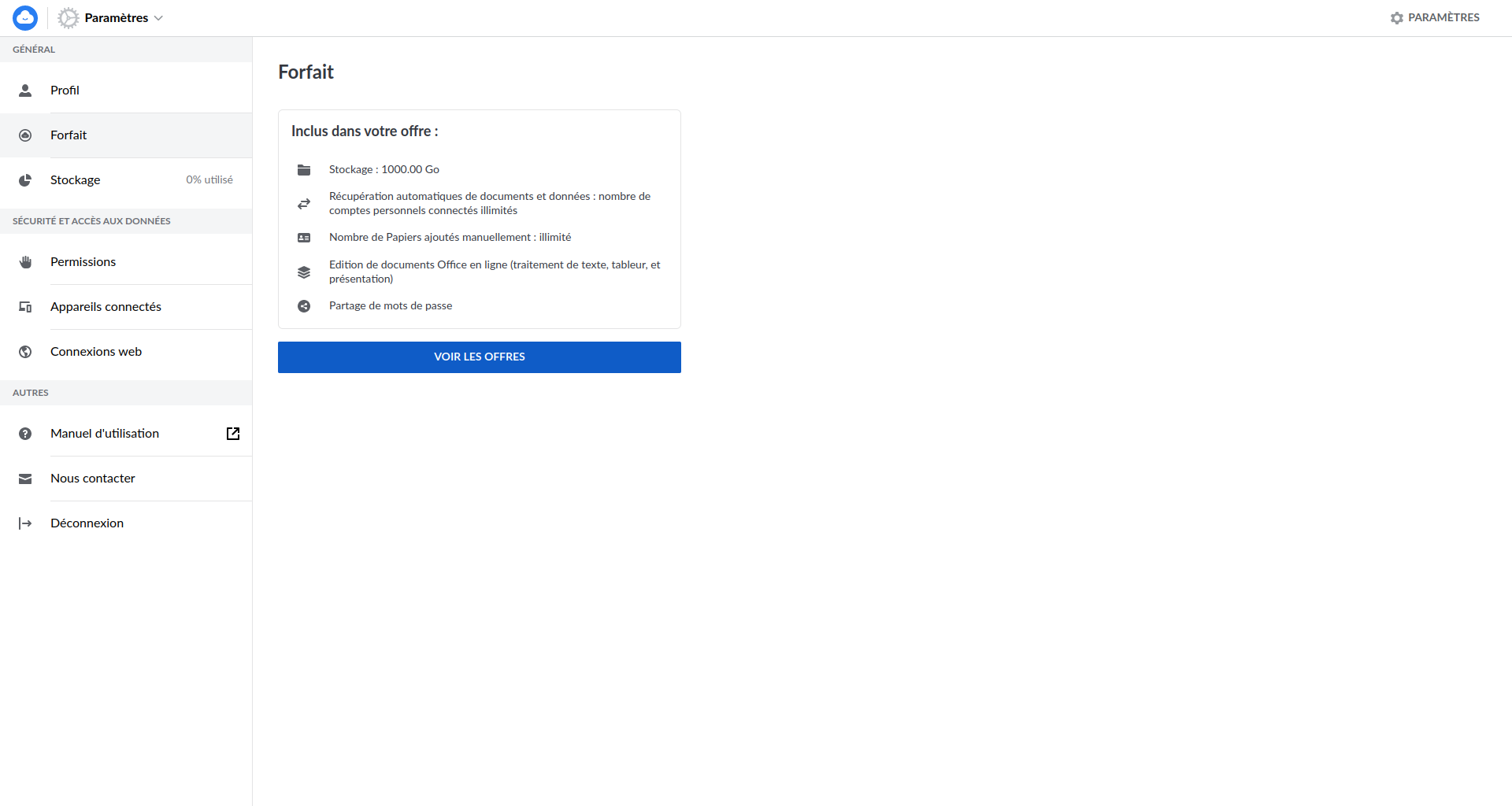Capture d’écran de la page affichant le forfait actuel